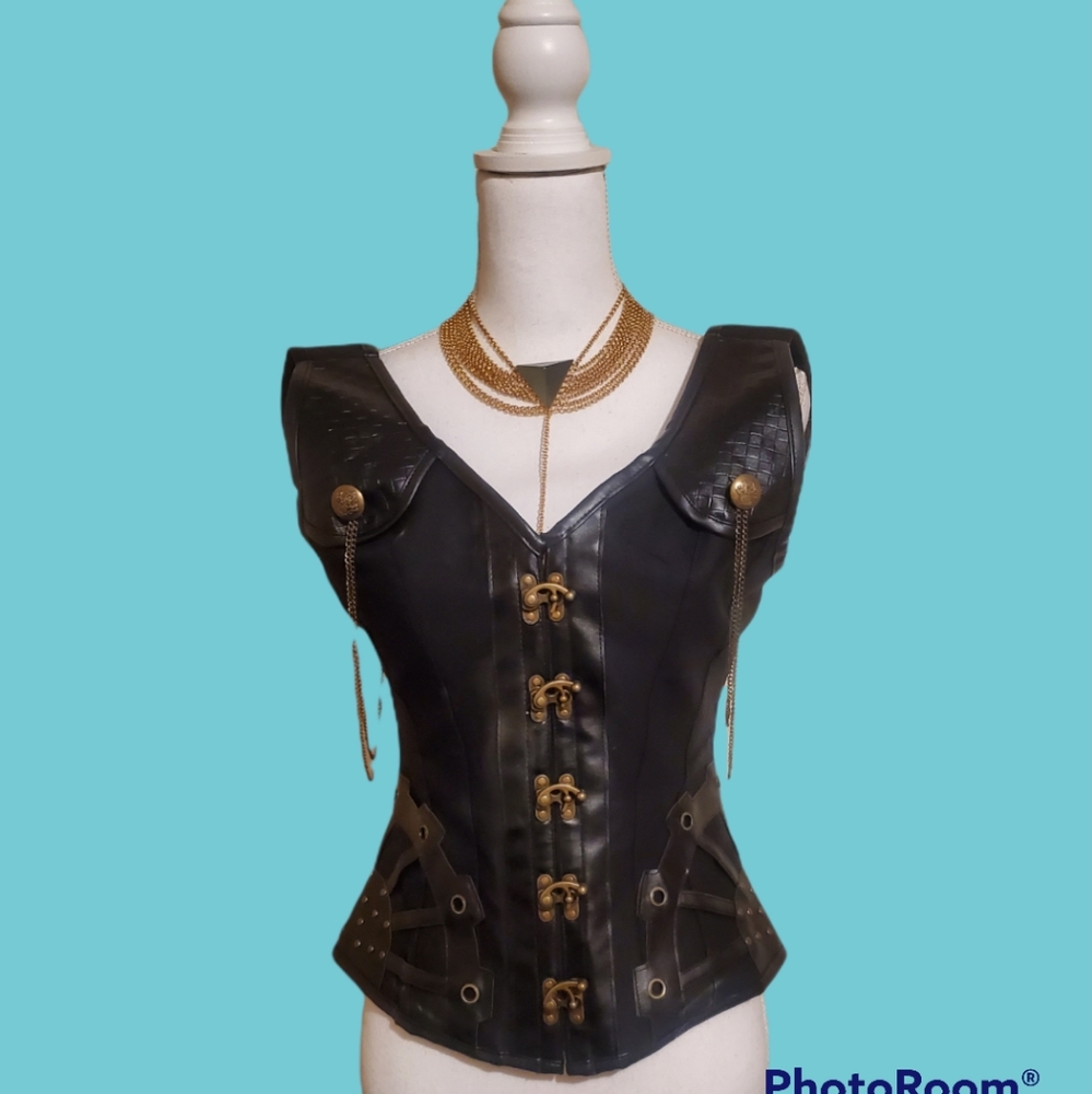 NWOT:Faux Leather Corset,Lots of Boning. Fully Adjustable with Matching G-String